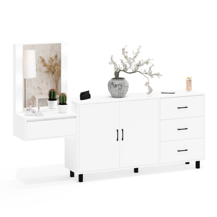 С зеркалом, Косметический навесной столик с подсветкой и комод с ящиками и дверками 123-1604