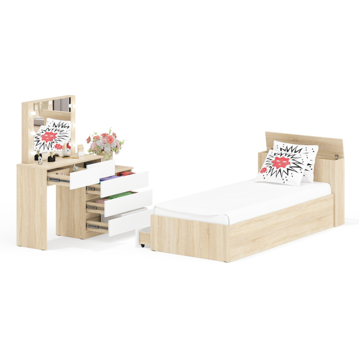 Спальные гарнитуры, Стол косметический с подсветкой 110 с кроватью с выдвижными ящиками Ксения 900