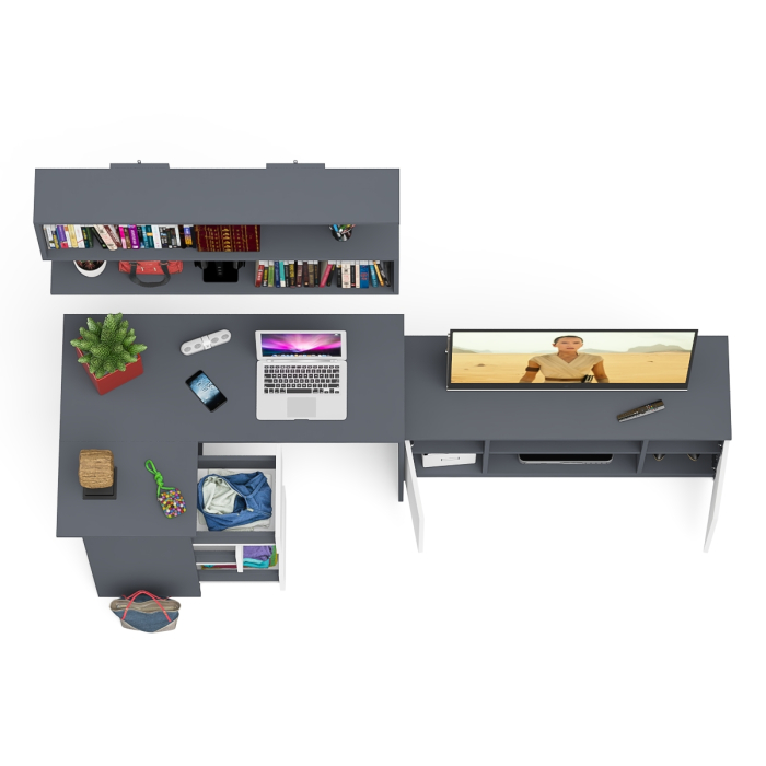 Домашние кабинеты, Угловой стол компьютерный Мори МС-16 левый с тумбой под ТВ и полкой для книг