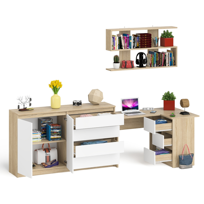 Домашние кабинеты, Тумба-комод МК1600.1 Мори с навесной книжной полкой и угловой компьютерный стол МС-16 правый