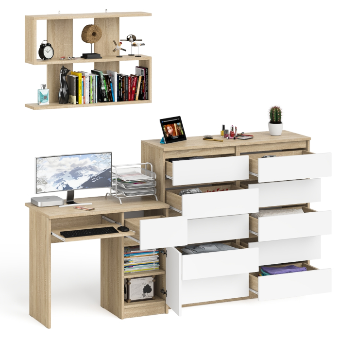 Домашние кабинеты, Стол компьютерный Мори МС-1 правый с комодом на 10-ть ящиков и навесной полкой 900