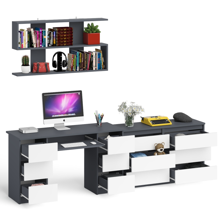 Домашние кабинеты, Широкий комод Мори на шесть ящиков с двутумбовым столом МС-2 и открытой полкой