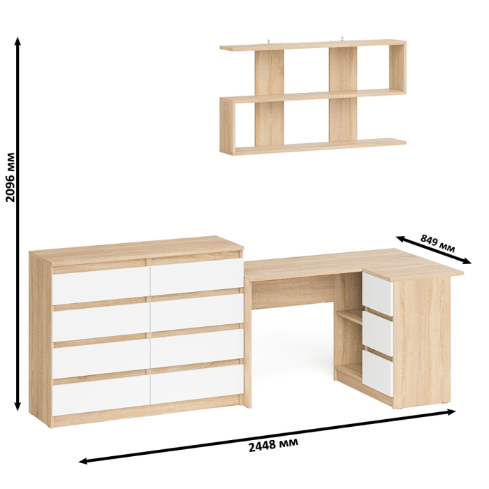 Домашние кабинеты, Стол компьютерный угловой с ящиками Мори МС-16 правый с навесной полкой и комодом МК1200.8