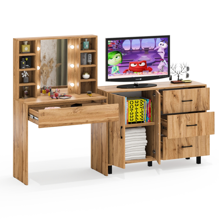 С зеркалом, Туалетный столик с подсветкой 115 и тумба-комод 123-1204