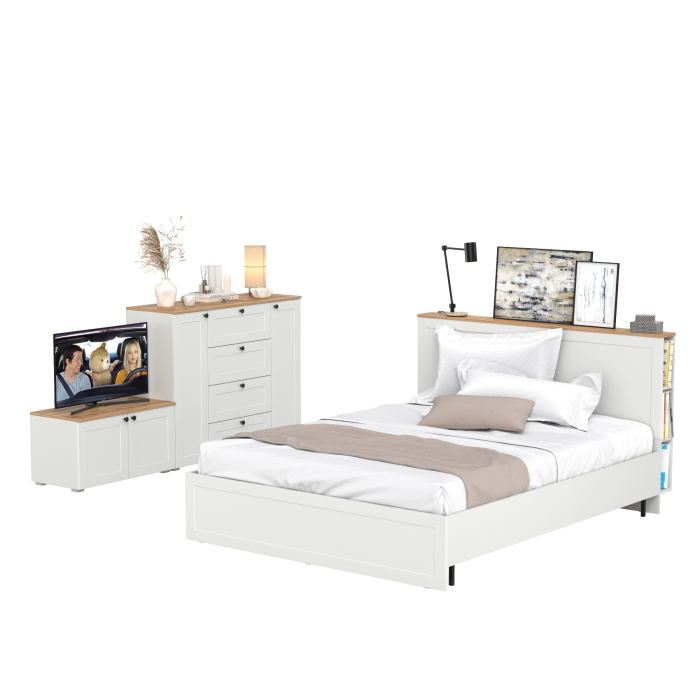 Спальные гарнитуры, Кровать Остин со спальным местом 1600 с ортопедическим основанием с тумбой с дверками и комодом 16.221