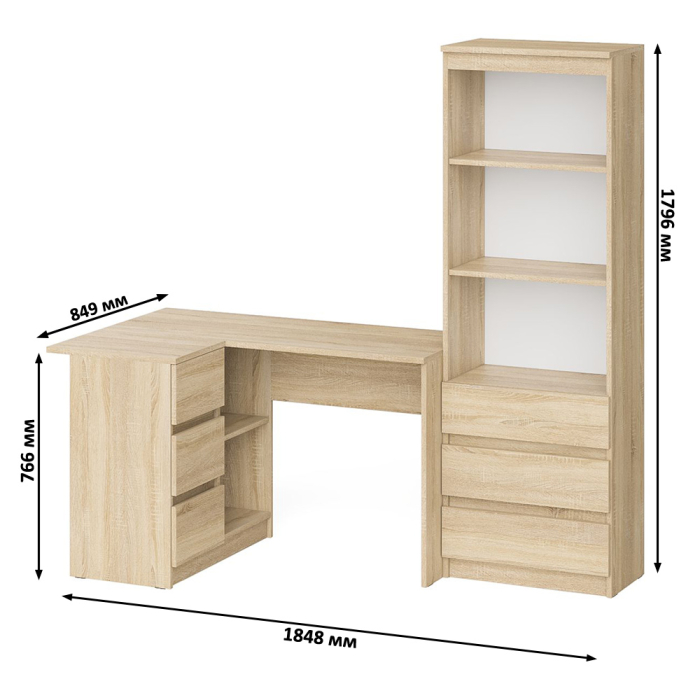 Домашние кабинеты, Стеллаж-комод Мори МСТ600 3 ящика и стол угловой компьютерный МС-16 левый