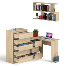 Угловой компьютерный стол Мори МС-16 левый с навесной полкой и высоким комодом на 5-ть ящиков