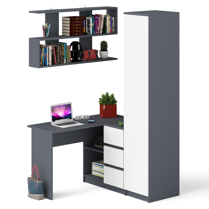 Домашние кабинеты, Стол угловой компьютерный Мори МС-16 правый с пеналом с полками и навесной открытой полкой 1200