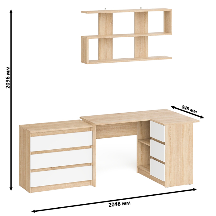 Домашние кабинеты, Стол компьютерный Мори МС-16 правый с навесной полкой и комодом МК800.1