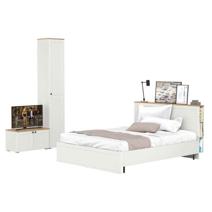 Спальные гарнитуры, Кровать со спальным местом 1600 с ортопедическим основанием с тумбой и шкаф-пеналом Остин