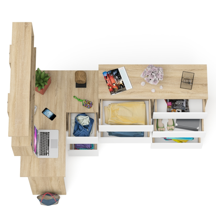 Домашние кабинеты, Стол компьютерный угловой с ящиками Мори МС-16 правый с навесной полкой и комодом МК1200.8