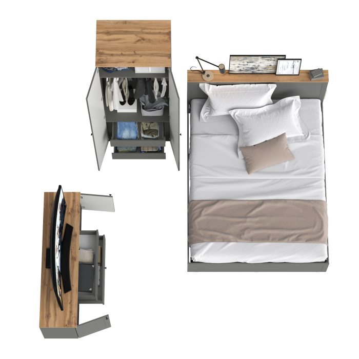 Спальные гарнитуры, Мебель в спальню Остин из тумбы под ТВ с кроватью с ортопедом на 1600 и шкафа-комода для одежды 13.336.02