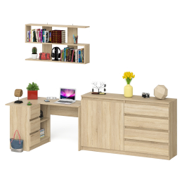 Угловой компьютерный стол с тремя ящиками Мори МС-16 левый с тумбой-комодом и книжной полкой