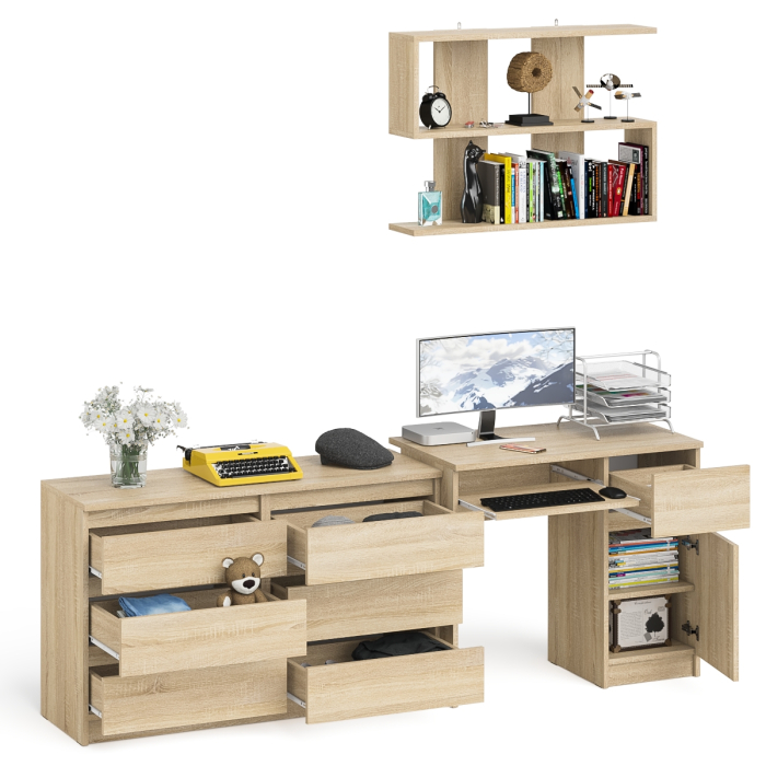 Домашние кабинеты, Широкий комод Мори МК1200.6 с письменным однотумбовым столом МС-1 правый и полкой на 900