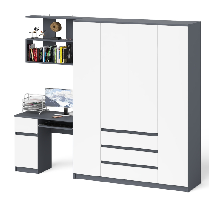 Домашние кабинеты, Четырёх-дверный шкаф-комод Мори МШ1600.1 с компьютерным столом МС-1 тумба слева и верхней полкой