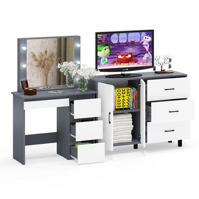 С зеркалом, Комод-тумба 123-1204 и столик косметический с подсветкой и зеркалом Сура