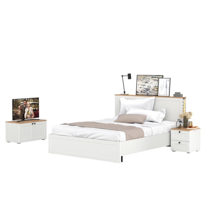 Спальные гарнитуры, Кровать двуспальная с ортопедическим основанием Остин с прикроватной тумбочкой и тумбой 13.257