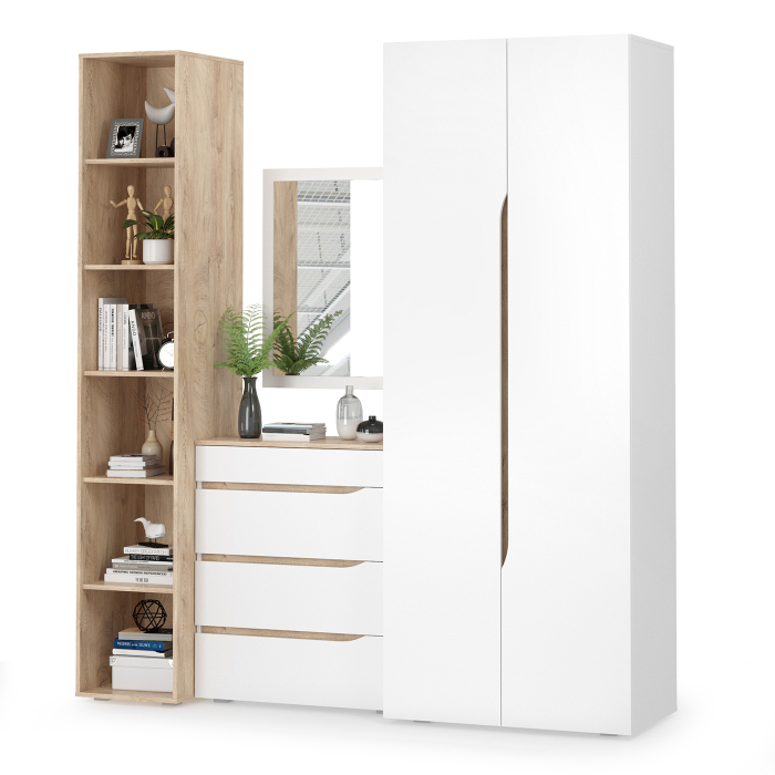 В гостиную, Комплект Муссон Шк+Ст+Ком+Зеркало белый/дуб эндгрейн элегантный