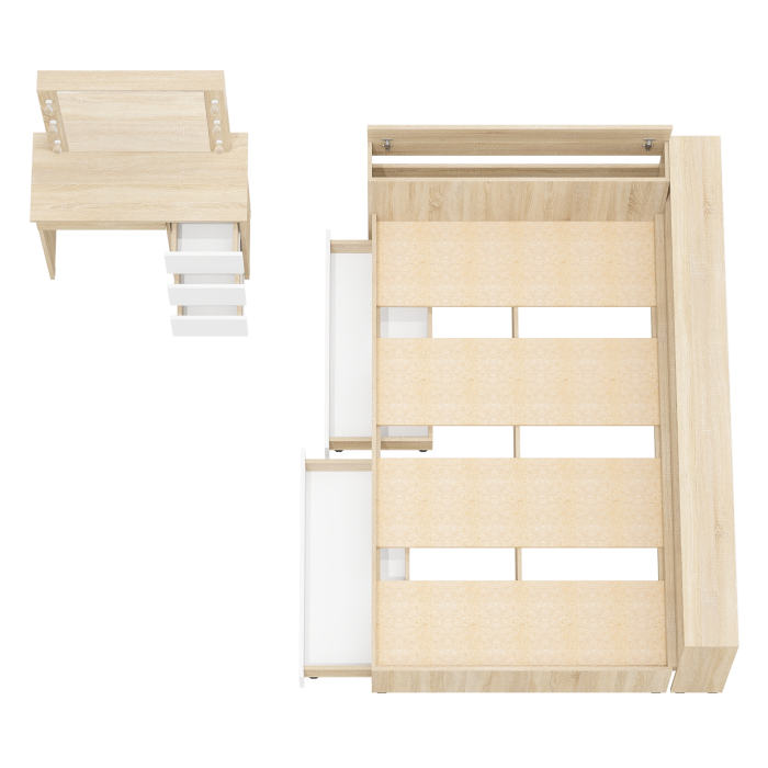 Спальные гарнитуры, Кровать с прикроватным блоком с ящиками Ксения 1200 и туалетный столик с подсветкой Сура