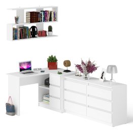 Комод широкий 6-ть ящиков Мори МК1380.6 с угловым компьютерным столом МС-16 правым и открытой книжной полкой