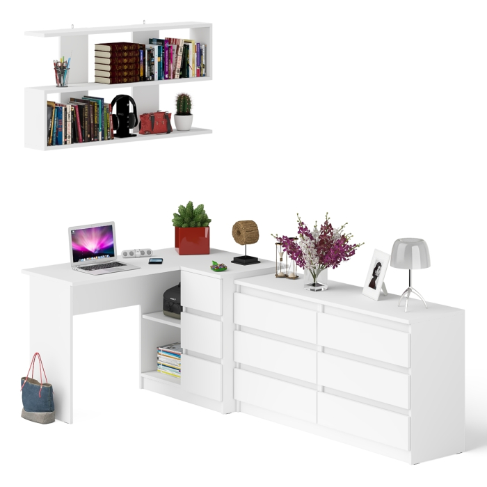 Домашние кабинеты, Комод широкий 6-ть ящиков Мори МК1380.6 с угловым компьютерным столом МС-16 правым и открытой книжной полкой