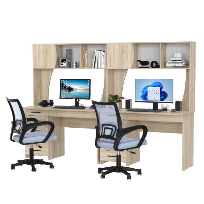 Прямые компьютерные столы, Комплект из двух рабочих столов Сигма и двух компьютерных кресел серых