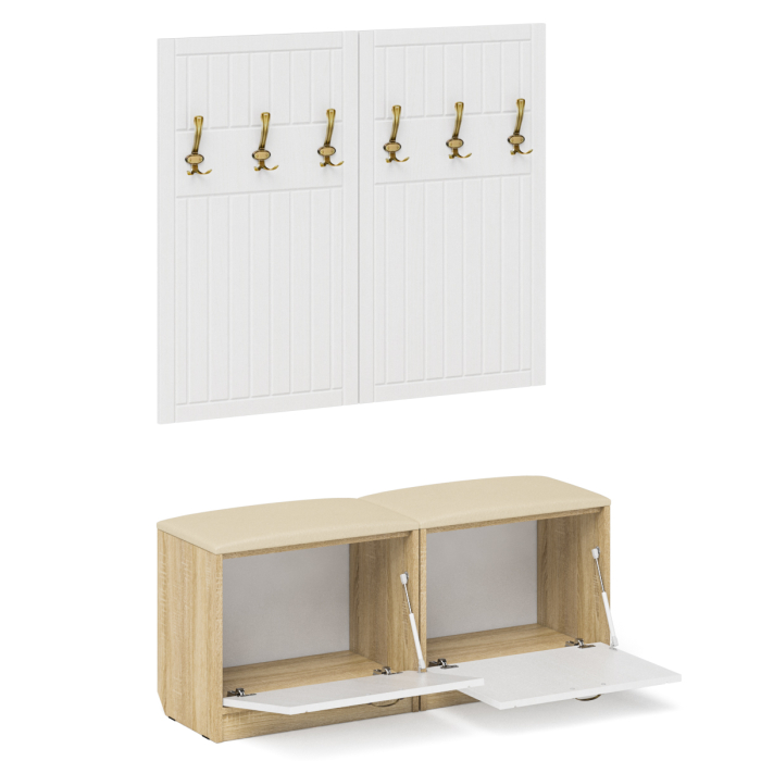 Прихожие, Две обувницы с мягким сиденьем с двумя вешалками для одежды П-6 МДФ фрезеровка прованс