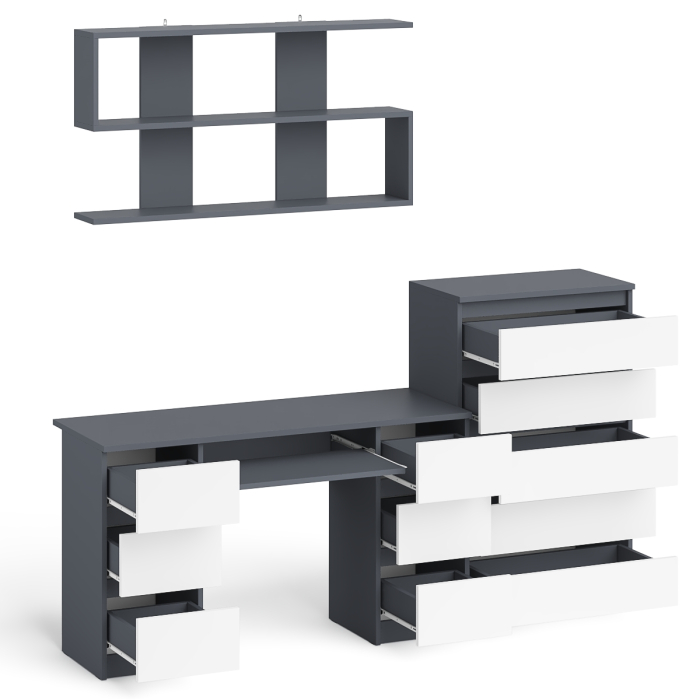 Домашние кабинеты, Стол для работы МС-2 с высоким комодом на пять ящиков и навесной полкой Мори