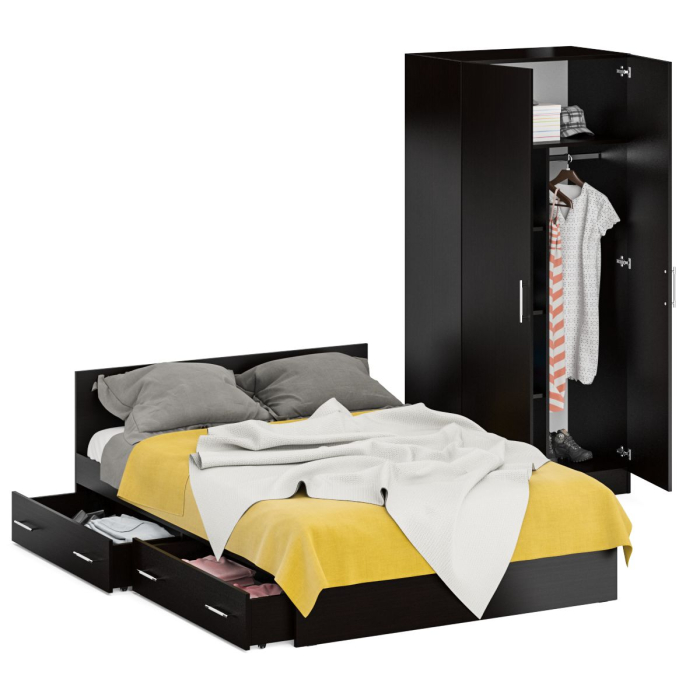 Спальные гарнитуры, Двуспальная Кровать с ящиками 1400 со шкафом для одежды 2-х створчатым Стандарт