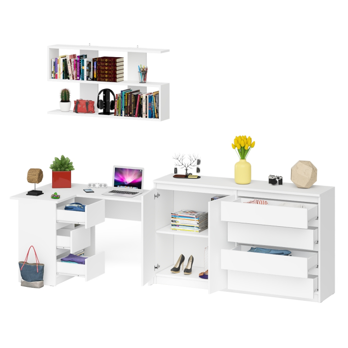 Домашние кабинеты, Угловой компьютерный стол с тремя ящиками Мори МС-16 левый с тумбой-комодом и книжной полкой
