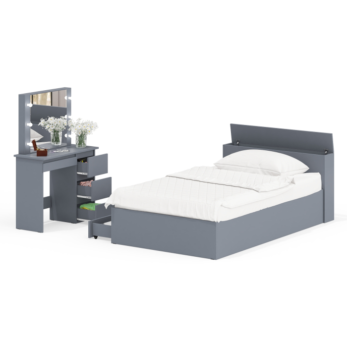 Спальные гарнитуры, Кровать с ящиками полутораспальная Ксения 1200 и туалетный столик с подсветкой Сура