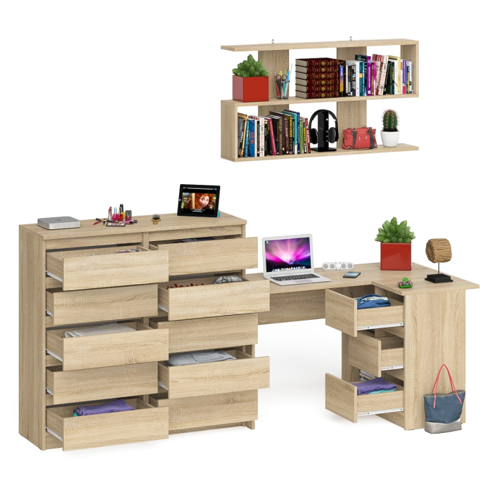 Домашние кабинеты, Набор мебели из углового компьютерного стола Мори МС-16 правого с книжной полкой и комода МК1200.10