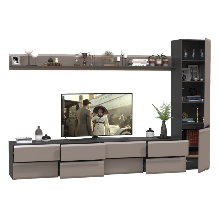 Стенки для гостиной, Две ТВ-тумбы с двумя навесными полочками и шкафом с полками Сидней
