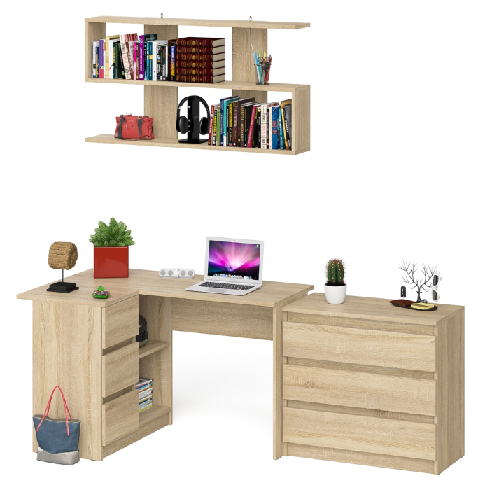 Домашние кабинеты, Комод на три ящика Мори МК800.1 с компьютерным столом для работы левый и открытой полкой