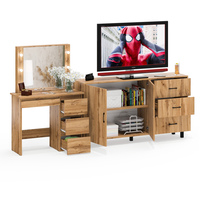 С зеркалом, Косметический столик Сура с зеркалом и подсветкой и с тумбой-комодом 123-1604