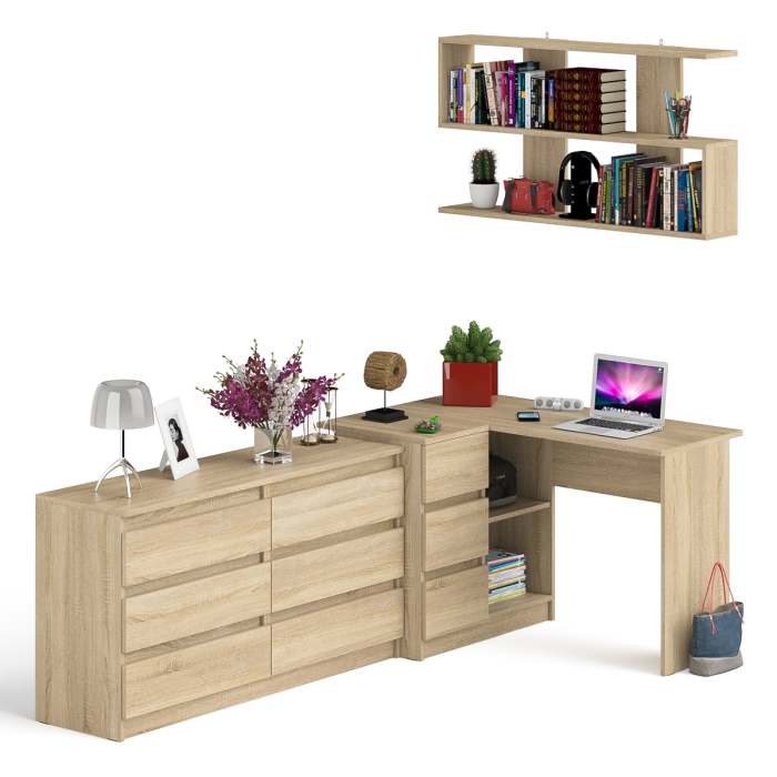 Домашние кабинеты, Стол угловой компьютерный Мори МС-16 левый с навесной книжной полкой и комодом МК1380.6