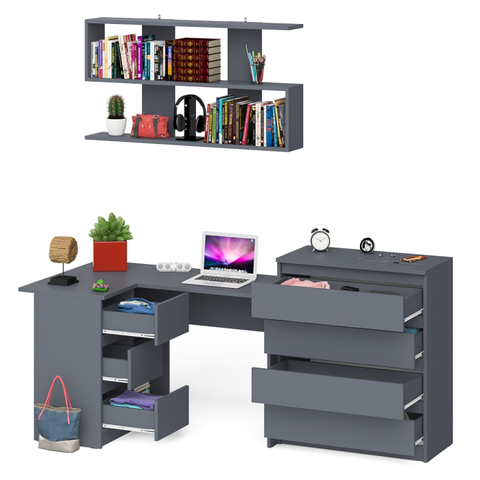 Домашние кабинеты, Стол компьютерный Мори МС-16 с тремя ящиками слева с книжной полкой на 1200 и комод на 4-ре ящика