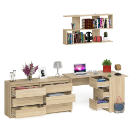 Комод широкий 6-ть ящиков Мори МК1380.6 с угловым компьютерным столом МС-16 правым и открытой книжной полкой