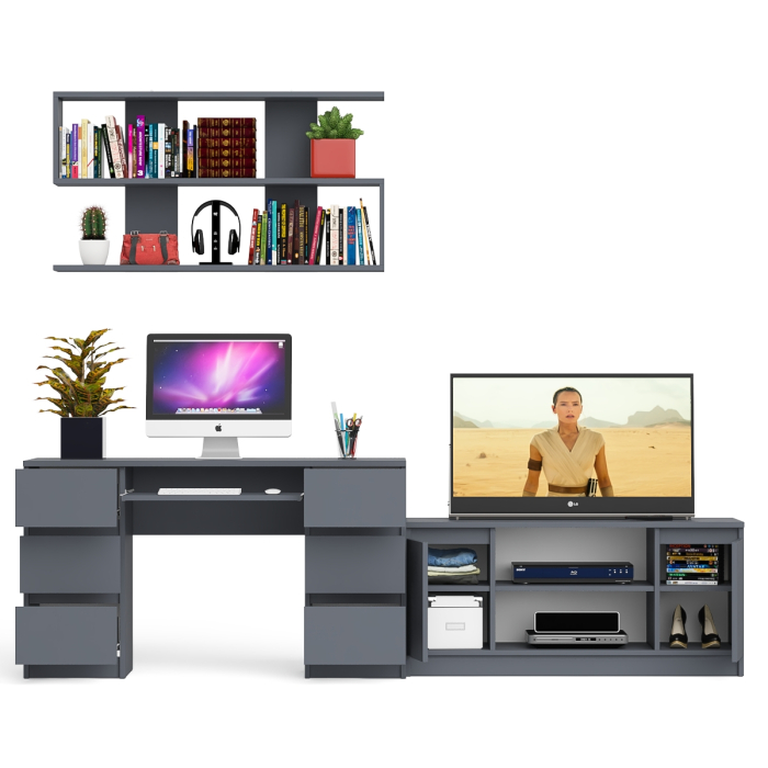 Домашние кабинеты, Письменный стол Мори МС-2 с ТВ-тумбой 1200 и навесной полкой 1200