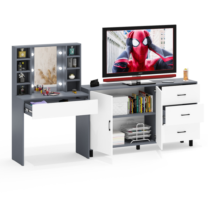 С зеркалом, Косметический cтол с подсветкой и ящиком 115 и комод 123-1604