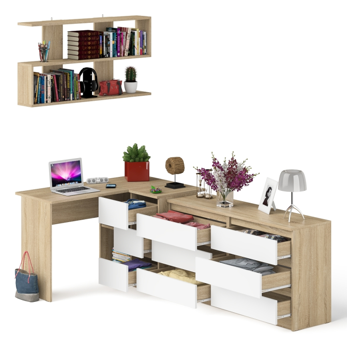 Домашние кабинеты, Комод широкий 6-ть ящиков Мори МК1380.6 с угловым компьютерным столом МС-16 правым и открытой книжной полкой