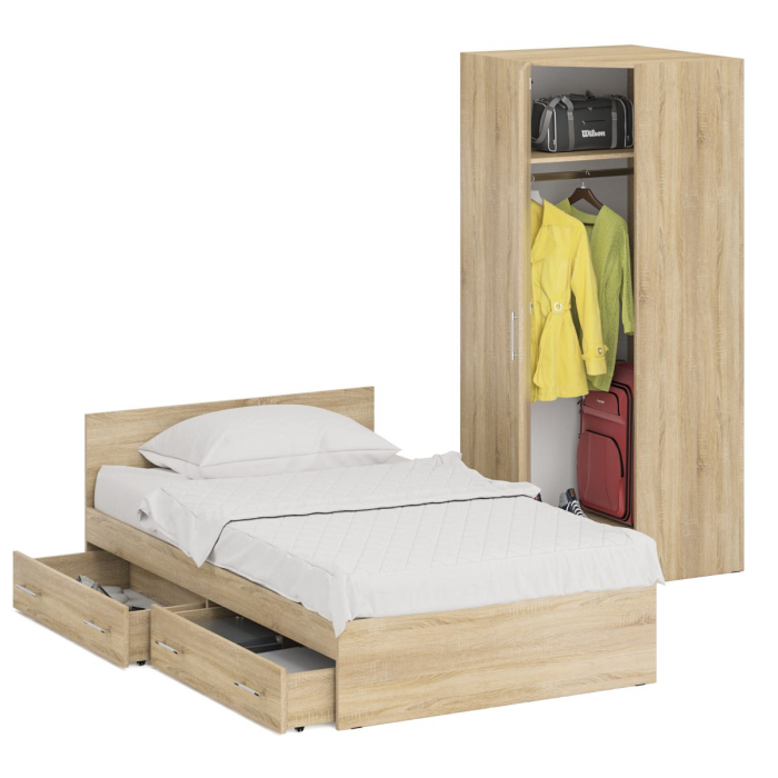 Спальные гарнитуры, Односпальная Кровать с ящиками 1200 с угловым шкафом Стандарт