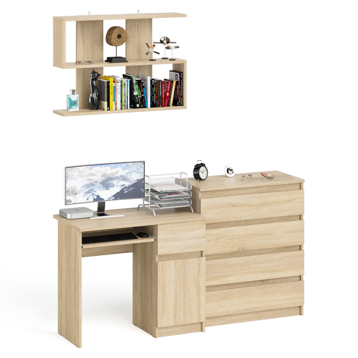 Прямые компьютерные столы, Комод Мори четыре ящика на 800 с компьютерным однотумбовым столом МС-1 правый и навесной полкой