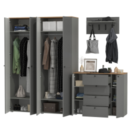 Комод четыре ящика с настенной вешалкой и двумя платяными шкафами Остин