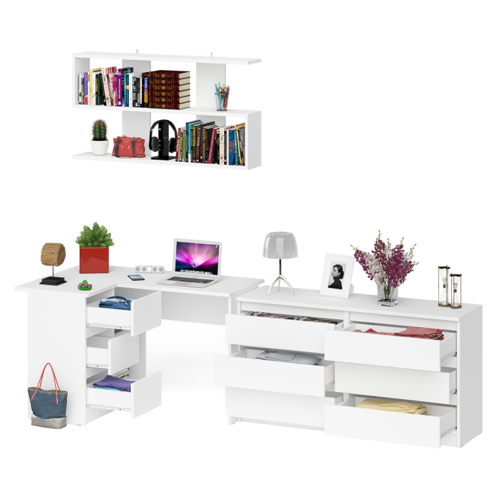 Домашние кабинеты, Стол угловой компьютерный Мори МС-16 левый с навесной книжной полкой и комодом МК1380.6