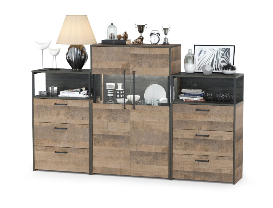 Стенки для гостиной, Комод с витриной с подсветкой с двумя комодами с ящиками Трувор