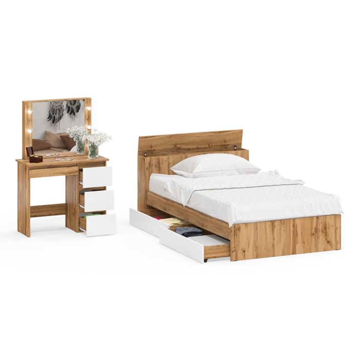 Спальные гарнитуры, Кровать с ящиками полутораспальная Ксения 1200 и туалетный столик с подсветкой Сура