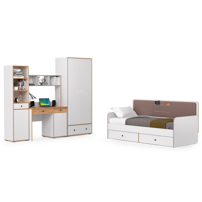 Для девочек, Вуди Компоновка № 36 белый премиум/дуб крафт золотой/саванна латте, сп. м. 900х2000 мм., б/м, о/е, матрас высотой до 200 мм.