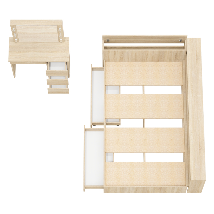 Спальные гарнитуры, Кровать с прикроватным блоком с ящиками Ксения 1200 и туалетный столик с подсветкой Сура