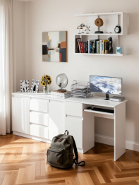 Стол компьютерный Мори МС-1 левый с верхней полкой и комодом с дверками и ящиками